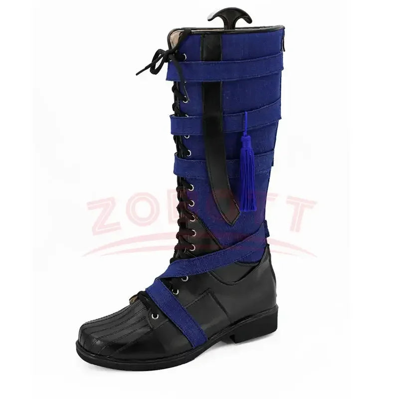 Bottes Cosplay Fantaisie - Cuir Bleu Marine et Noir avec Pompon (Homme)