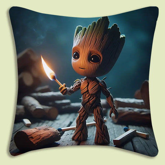 Housse de Coussin Baby Groot - Allumette Enflammée Bûches Bois