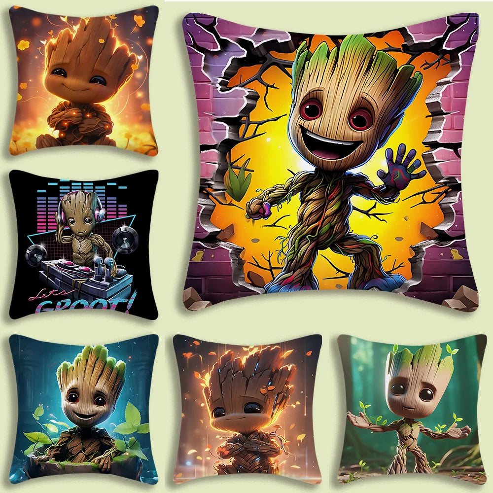 Housse de Coussin Baby Groot - Contour Électrique Doré Fleurs