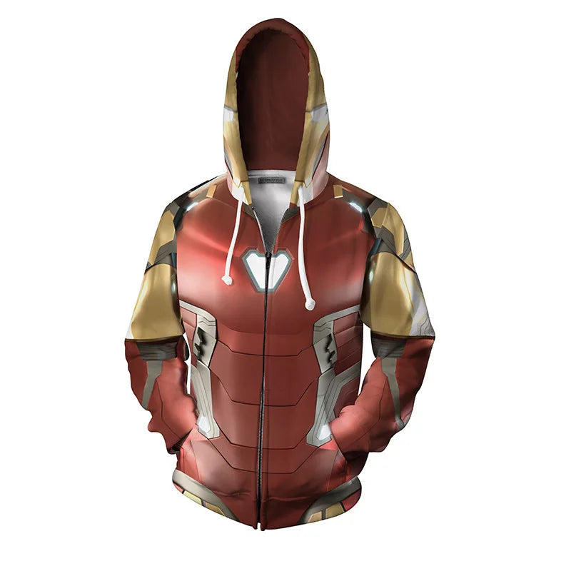 Sweat à Capuche Zippé Iron Man - Impression 3D Armure Rouge et Or