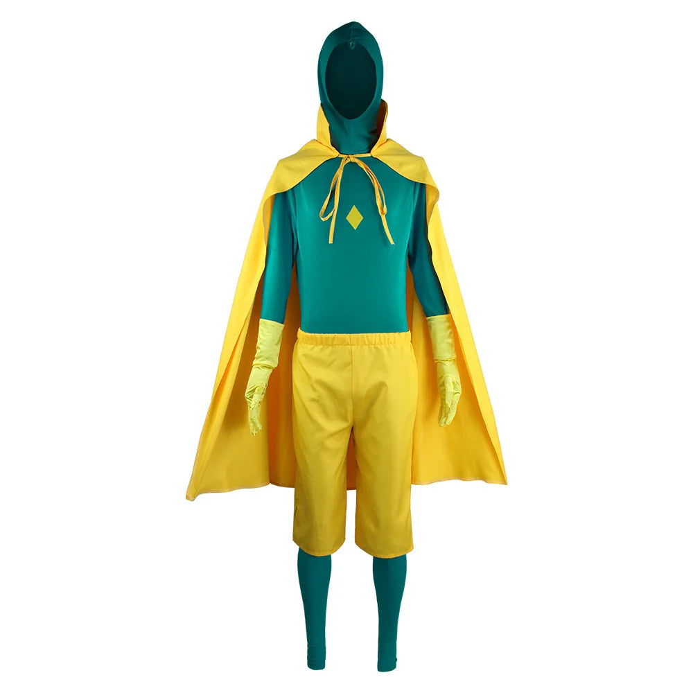 Déguisement Vision - Combinaison Turquoise et Jaune avec Cape