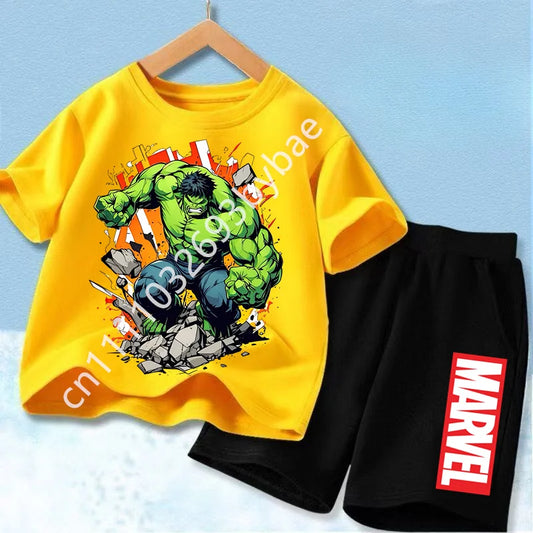 Camiseta Avengers Hulk Niño - Conjunto Amarillo Pantalón Corto Negro