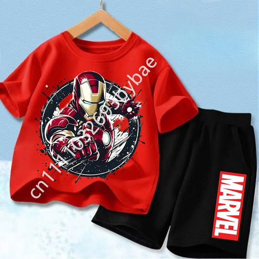 Camiseta Avengers Iron Man Niño - Conjunto Rojo Pantalón Corto Negro